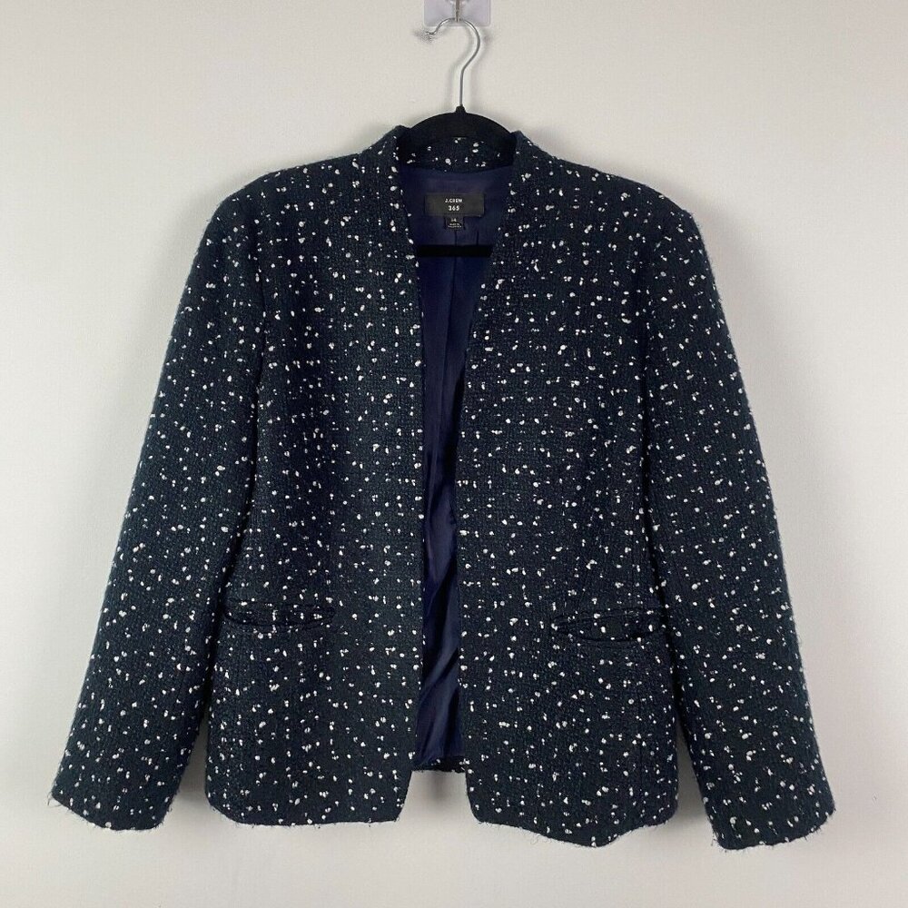 J. Crew 365 Tweed Going-Out Blazer Size 14 in Deepest Navy Open Front J8119